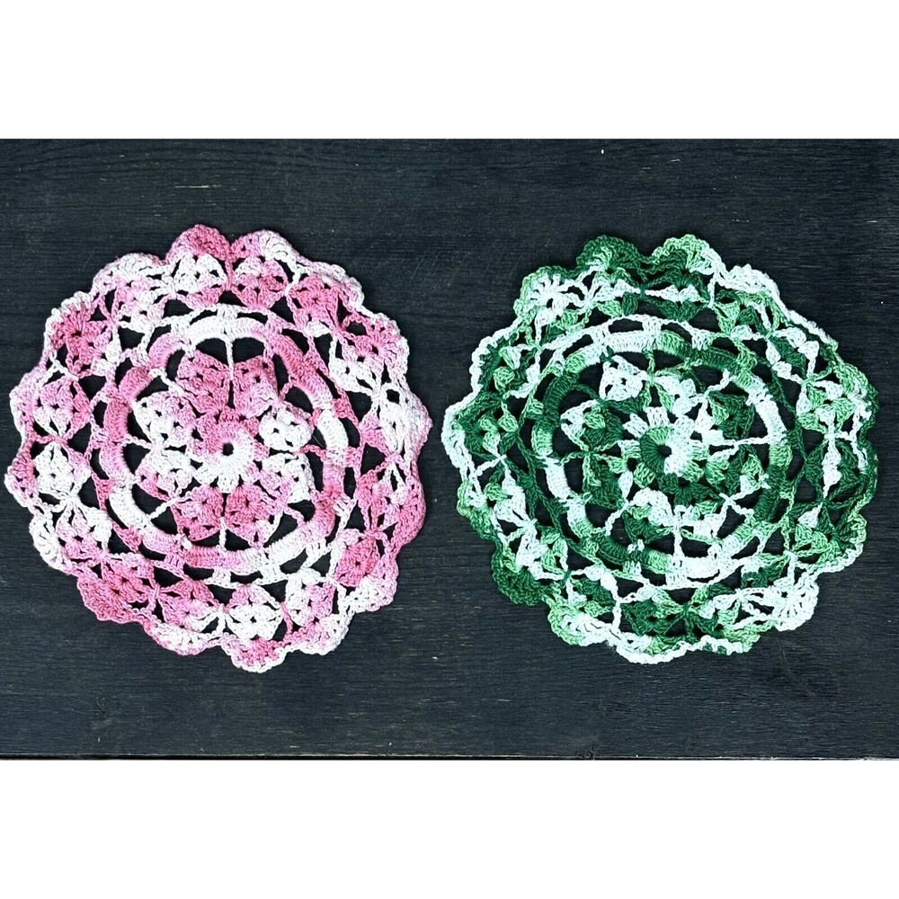 Vintage 70s Handmade Pair Cottage Whimsy Crochet 8" Doilies Pink Green White